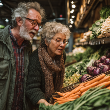 Літня жінка готує здорову їжу з овочами та фруктами